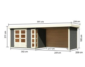 Karibu Holz-Gartenhaus Kerko 4 + 2,8m Anbaudach + Seiten + Rückwand - 19mm Elementhaus - Flachdach - terragrau