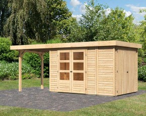 Karibu Holz-Gartenhaus Retola 3 + Anbauschrank + 2,4m Anbaudach - 19mm Elementhaus - Flachdach - natur