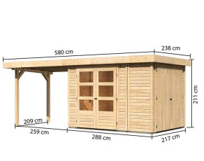 Karibu Holz-Gartenhaus Retola 2 + Anbauschrank + 2,8m Anbaudach - 19mm Elementhaus - Flachdach - natur
