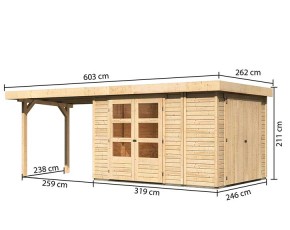 Karibu Holz-Gartenhaus Retola 4 + Anbauschrank + 2,8m Anbaudach - 19mm Elementhaus - Flachdach - natur