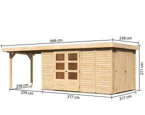 Karibu Holz-Gartenhaus Retola 6 + Anbauschrank + 2,8m Anbaudach - 19mm Elementhaus - Flachdach - natur