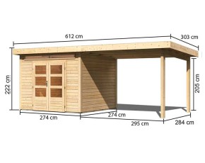 Karibu Holz-Gartenhaus Kandern 6 + 3,2m Anbaudach - 28mm Elementhaus - Pultdach - natur