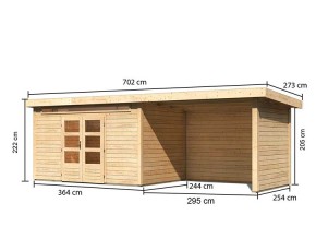 Karibu Holz-Gartenhaus Kandern 7 + 3,2m Anbaudach + Seiten + Rückwand - 28mm Elementhaus - Gartenhaus Lounge - Pultdach - natur