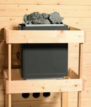 Karibu Innensauna Gobin + Dachkranz + 9kW Bio-Kombiofen + externe Steuerung Easy bio - 68mm Elementsauna - Ganzglastür klar