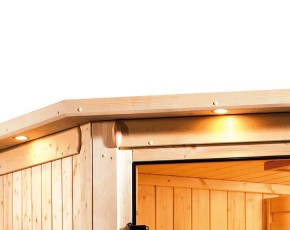 Karibu Innensauna Minja + Dachkranz + 3,6kW Plug&Play Bio-Kombiofen + externe Steuerung Easy Bio - 68mm Elementsauna - Energiespartür - Energiesparsauna