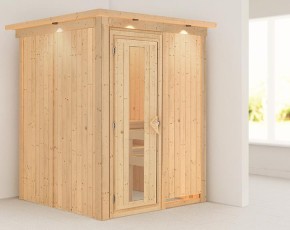 Karibu Innensauna Minja + Dachkranz + 3,6kW Plug&Play Bio-Kombiofen + externe Steuerung Easy Bio - 68mm Elementsauna - Energiespartür - Energiesparsauna