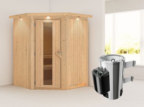 Karibu 68mm Systemsauna Nanja - Plug&Play - Eckeinstieg - Energiespartür - mit Dachkranz - 3,6kW Plug&Play Saunaofen mit integr. Steuerung