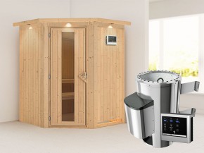 Karibu 68mm Systemsauna Nanja - Plug&Play - Eckeinstieg - Energiespartür - mit Dachkranz - 3,6kW Plug&Play Saunaofen mit externer Steuerung Easy