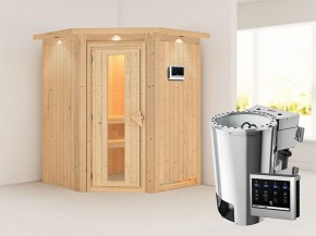 Karibu 68mm Systemsauna Nanja - Plug&Play - Eckeinstieg - Energiespartür - mit Dachkranz - 3,6kW Plug&Play Bio-Kombiofen mit externer Steuerung Easy Bio