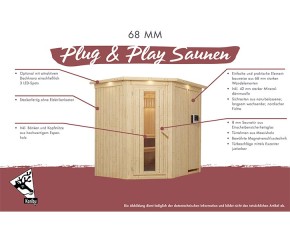 Karibu Innensauna Daria + 3,6kW Plug&Play Bio-Kombiofen + externe Steuerung - 68mm Systemsauna - Ganzglastür klar - 230V Sauna