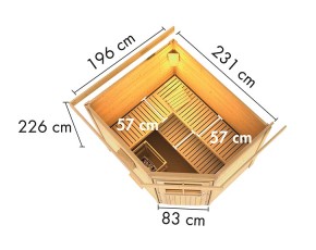 Karibu Gartensauna Mikka - 38mm Saunahaus - Ecksauna - Pultdach - Milchglas Saunatür - natur