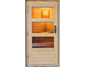 Karibu Gartensauna Mikka + 9kW Bio-Kombiofen + externe Steuerung - 38mm Saunahaus - Ecksauna - Pultdach - Moderne Saunatür - natur