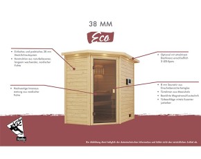 Karibu Innensauna Leona + 9kW Bio-Kombiofen + externe Steuerung - 38mm Blockbohlensauna - Ganzglastür graphit - Ecksauna