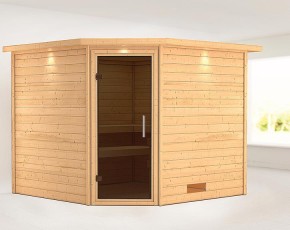 Karibu Innensauna Leona + Dachkranz + 9kW Saunaofen + externe Steuerung Easy - 38mm Blockbohlensauna - Ganzglastür graphit - Ecksauna