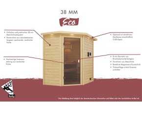 Karibu Innensauna Leona + Dachkranz + 9kW Saunaofen + externe Steuerung Easy - 38mm Blockbohlensauna - Ganzglastür graphit - Ecksauna