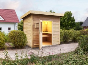 Karibu Gartensauna Nella + 9kW Bio-Kombiofen + externe Steuerung Easy bio - 38mm Saunahaus - Pultdach - natur